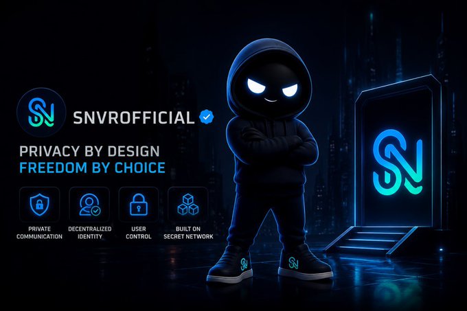 Promotional graphic for SNVROFFICIAL featuring a hooded mascot character, with the tagline 'PRIVACY BY DESIGN, FREEDOM BY CHOICE' and icons for private communication, decentralized identity, user control, and built on Secret Network.