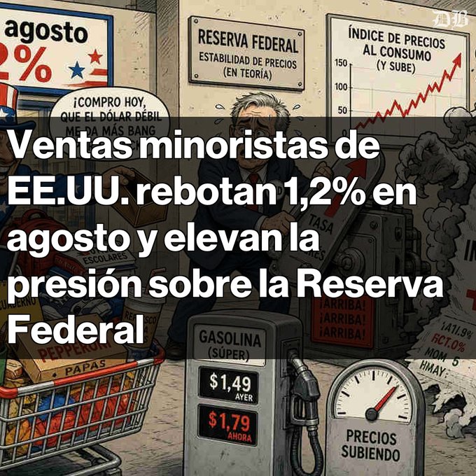 A Spanish-language news graphic titled 'Ventas minoristas de EE.UU. rebotan 1,2% en agosto y elevan la presión sobre la Reserva Federal', overlaid on an illustration about inflation featuring the Federal Reserve, rising gas prices, and a shopping cart.