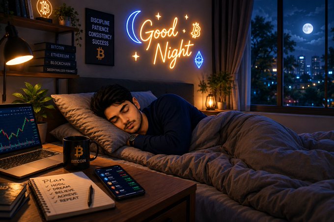 A stylized bedroom scene featuring a young man sleeping with a Bitcoin mug, laptop displaying trading charts, and a notepad with a trading plan, illuminated by a 'Good Night' neon sign with moon, stars, and Bitcoin and Ethereum symbols, alongside framed posters reading 'DISCIPLINE PATIENCE CONSISTENCY SUCCESS', 'BITCOIN ETHEREUM BLOCKCHAIN', and 'DECENTRALIZED FINANCE'.