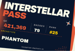 This image displays an "Interstellar Pass" with "QE 421,369", "BADGES 79", and "RANK #25", belonging to the "PHANTOM" archetype. The post describes opening @dac_chain Quantum Crates and the importance of QE.