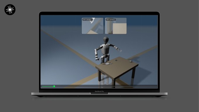 The image shows a laptop screen displaying an animation of a robot standing at a table with its arms outstretched, as if reaching for something or interacting with the environment around it. The scene appears to be set in a room with a gray floor and walls, creating a realistic atmosphere. The laptop is placed on a desk, which also has a keyboard and mouse nearby. In the background of the image, there are two small circles that could possibly represent the positions of the robot's arms or legs.