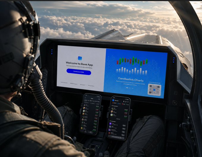 A pilot in a cockpit looking out over clouds at a digital dashboard displaying 'Welcome to Base App' and a cryptocurrency chart, with two smartphones mounted below.
