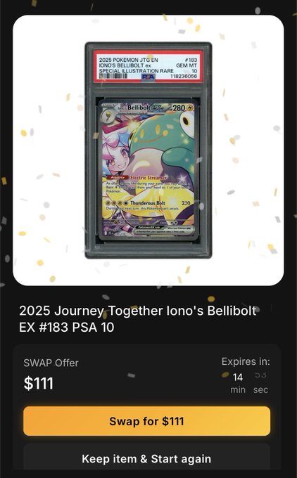 A PSA 10 graded 2025 Pokémon Journey Together Iono's Bellibolt EX #183, valued at a $111 swap offer, is displayed alongside a celebratory post about winning the card through a $50 claw machine pull on the platform Beezie.