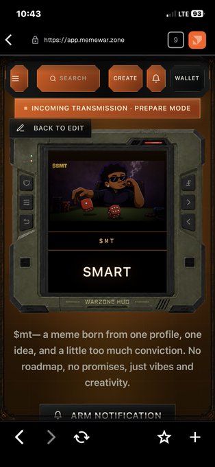 A Warzone HUB "incoming transmission" page for a $SMT/$MT (SMART) memecoin, shown in a "PREPARE MODE" interface on app.memewar.zone, featuring a cartoon character in sunglasses at a poker table with dice. The page describes $M T as "a meme born from one profile, one idea, and a little too much conviction," aligning with the post's idea of turning a personal brand into a memecoin.