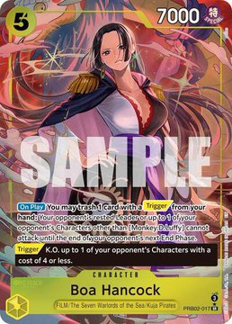 A One Piece trading card featuring Boa Hancock (Character card, 7000 power, color 4) with a "SAMPLE" watermark, displaying her "Snatch Ability" text description.