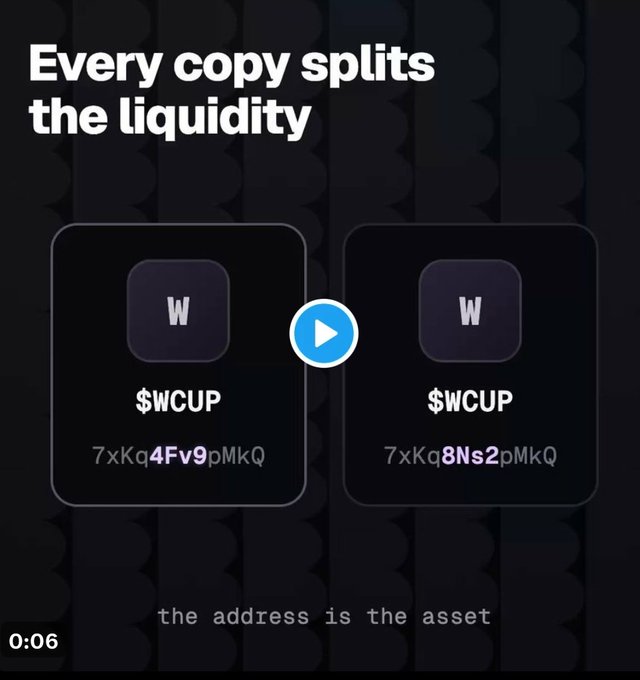 Dark-themed video thumbnail titled 'Every copy splits the liquidity' showing two $WCUP token cards with addresses '7xKq4Fv9pMkQ' and '7xKq8Ns2pMkQ' and the tagline 'the address is the asset'.