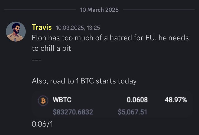 In the image, there are two people interacting with a computer screen, which has a message from Travis about BTC, or Bitcoin, and the start of 1BTC. The message includes the names of both people involved - Travis and Elon. They seem to be discussing something related to Bitcoin, either their thoughts or plans regarding it.