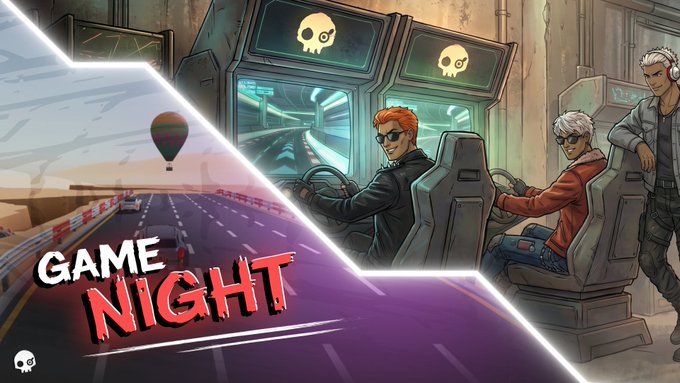 The image features a cartoon scene of three people sitting inside a car, which appears to be a racing game. The background shows two different scenes - one with a hot air balloon floating above them and another with a car driving down a road. The text "Game Night" is written in red at the bottom of the image, indicating that there will be a gaming event on Wednesday night.