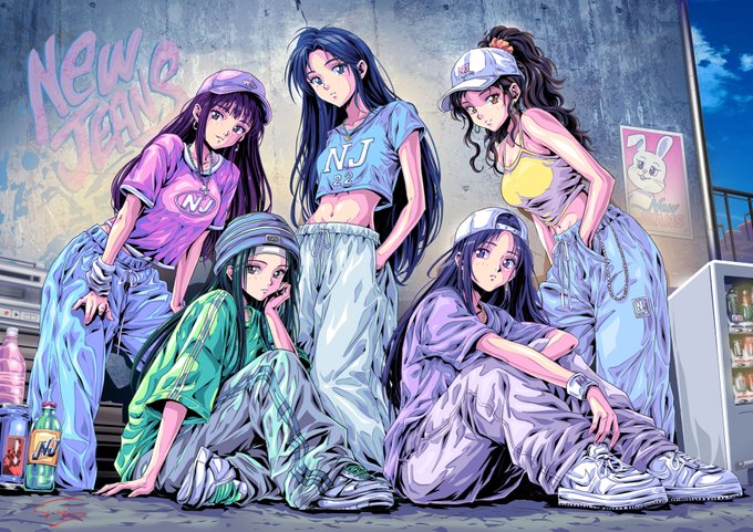 An anime-style illustration of five women in streetwear posing against a wall with 'New Jeans' graffiti, featuring NJ-branded shirts and various 90s-inspired outfits.