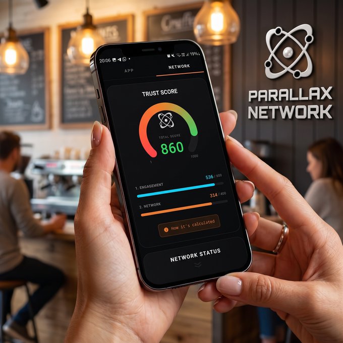 A person holds a smartphone displaying the Parallax app's "Trust Score" screen, which shows a total score of 860 alongside engagement and network metrics, with the "Parallax Network" logo visible to the right. The image visually supports the explanation of Trust Score as a measurable indicator within Parallax's Proof-of-Trust mechanism, illustrating how users can view and understand their network-based reputation.