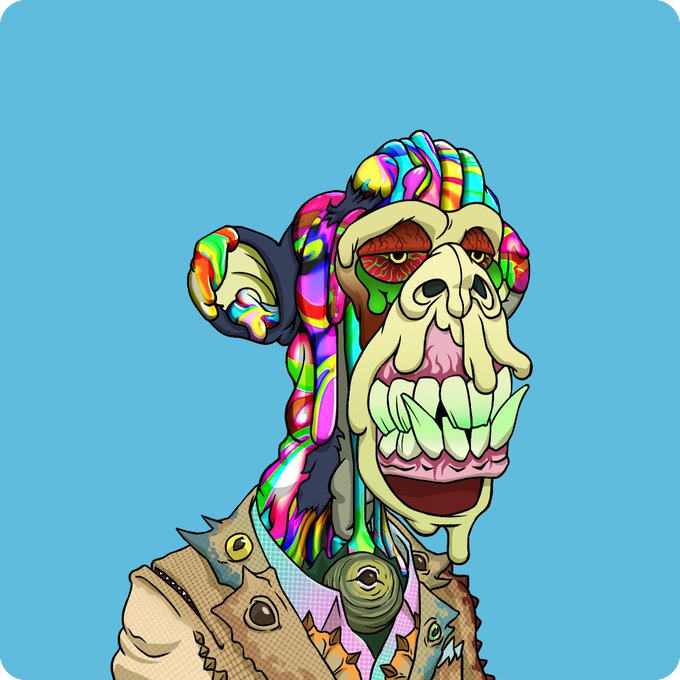 A colorful, psychedelic digital illustration of a monkey character with vibrant headwear and a spiky smile on a blue background, resembling a Bored Ape NFT.