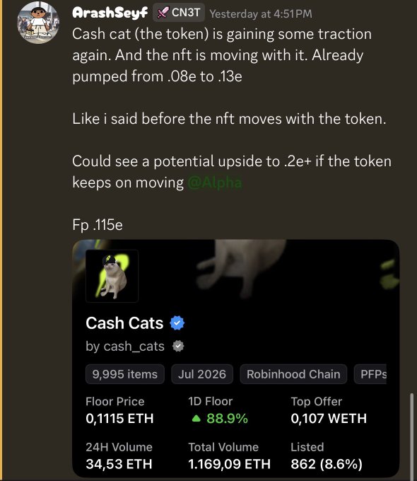A Telegram post by 'ArashSeyf' from CN3T discussing Cash cat token and Cash Cats NFT collection, noting the NFT pumped from 0.08e to 0.13e with a floor price of 0.1115 ETH and 88.9% 1D floor increase.