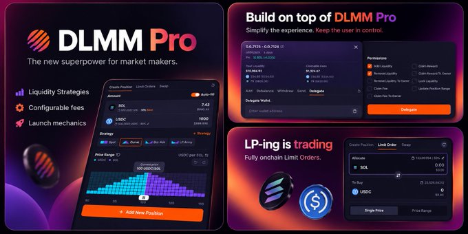 A vibrant promotional graphic showcases "DLMM Pro," billed as "the new superpower for market makers," highlighting features like Liquidity Strategies, Configurable fees, and Launch mechanics. The design displays a SOL/USDC trading interface with a 0.7125–8.7524 price range, alongside screenshots of a "Build on top of DLMM Pro" delegation panel and a "Limit Order" trading screen featuring 1,000 SOL and 23,338.66512 USDC allocations.
