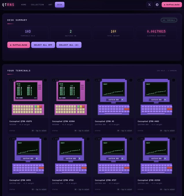 A dark-themed dashboard for QTRNS displays a "Desk Summary" with 103 terminals, 2 switches on, 10X total weight, and 0.00179815 ultimate quotation, followed by a grid of 8 terminal units showing corrupted QTRN numbers (ranging from #1075 to #0199) and e-waste statuses. The interface's hidden, obscure nature with numerous corrupted terminals visually reinforces the post's complaint about the collection remaining hidden on OpenSea.