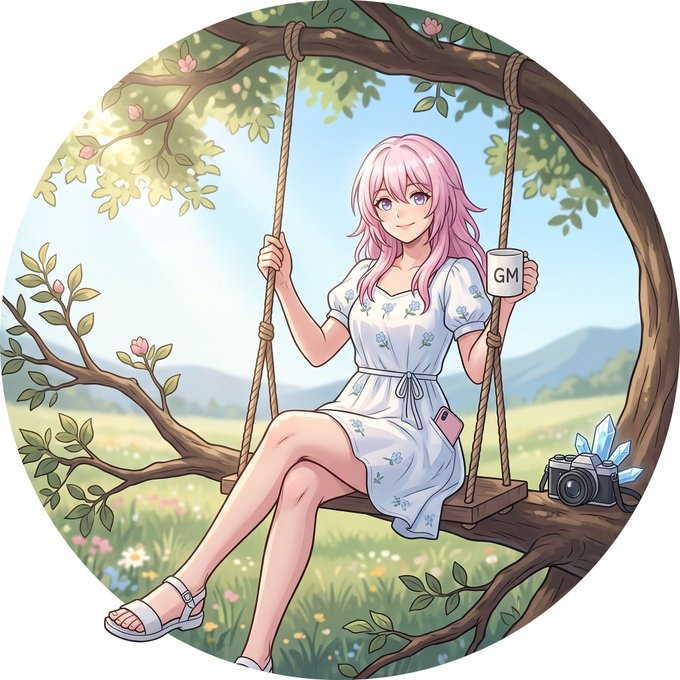 An anime-style pink-haired girl sits on a tree swing holding a mug labeled "GM," with a camera beside her, perfectly matching the cheerful "gm" (good morning) greeting. The serene pastoral setting and her relaxed pose reinforce the post's uplifting message of new beginnings and fresh starts each morning.