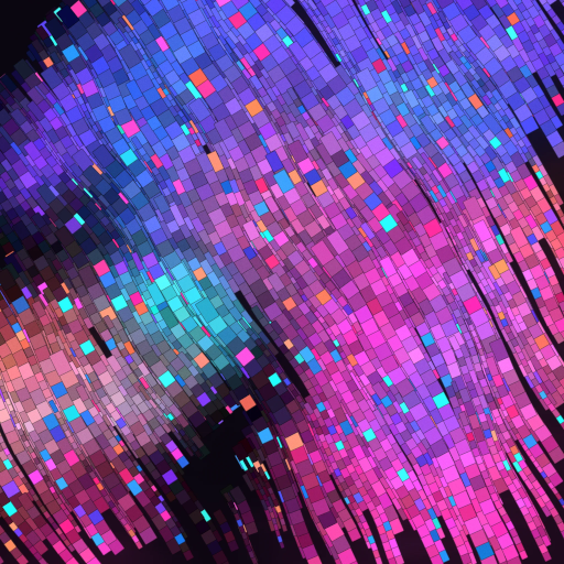 A vibrant digital artwork featuring an array of pixelated squares in shades of purple, pink, blue, and teal arranged in cascading vertical streams against a dark background, resembling a stylized data visualization or bar chart. The piece, titled "Databars 53" by @_focuspirate, is now available for minting on Transient Labs, with its bar-like composition directly referencing the artwork's "databars" theme.