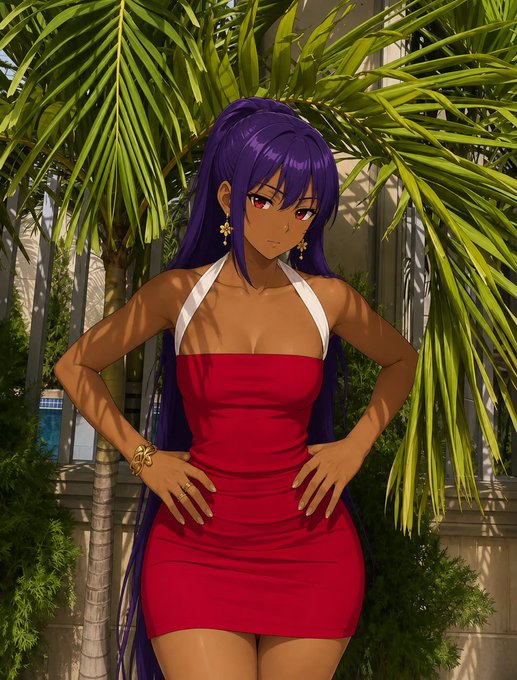 An anime-style illustration of a tan-skinned woman with long purple hair, wearing a red halter dress and gold jewelry, posing in front of tropical palm leaves.