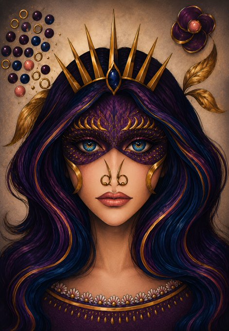 A detailed illustration of a woman wearing a purple and gold masquerade mask with a spiked crown, surrounded by decorative gems and flowers.