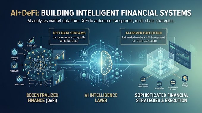 An infographic titled 'AI+DeFi: BUILDING INTELLIGENT FINANCIAL SYSTEMS' showing a three-stage process: DeFi Data Streams from market/liquidity pools feeding into an AI Intelligence Layer, which drives sophisticated financial strategies with automated execution, on-chain automation, and cross-chain storage.