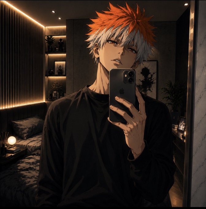 An anime-style illustration depicts a young man with orange and white spiky hair taking a mirror selfie with a black iPhone in a dimly lit modern bedroom.