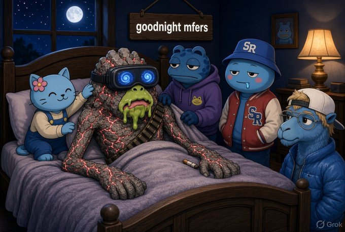 An illustrated scene featuring cartoon characters including blue creatures and a lava-textured figure with VR goggles in a bedroom setting, with a 'goodnight mfers' sign hanging above and 'Grok' watermark in the corner.