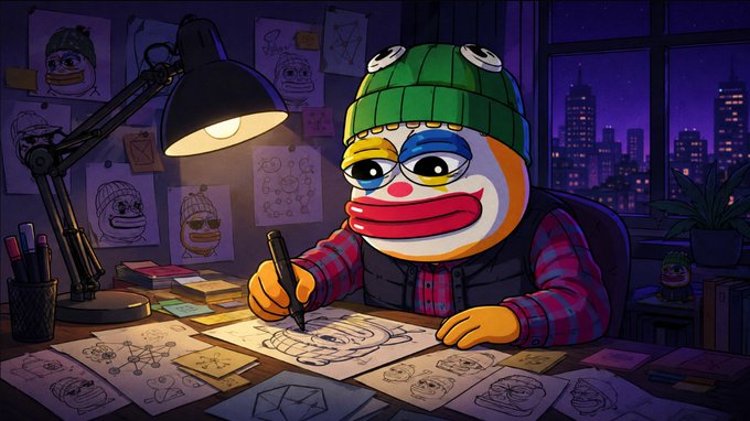 An illustrated cartoon character wearing a frog hat works at a desk drawing character designs under a lamp at night, with a city skyline visible through the window.