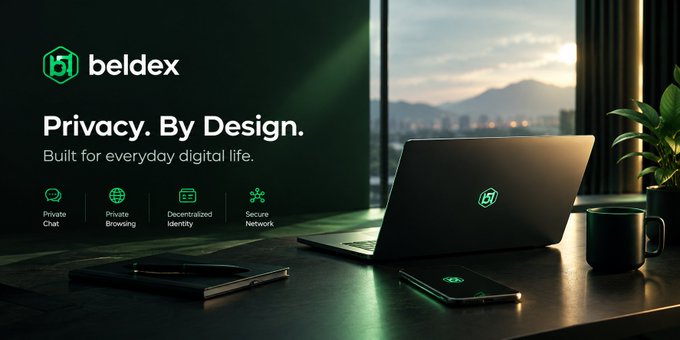 A promotional banner for 'beldex' featuring the tagline 'Privacy. By Design.', highlighting 'Private Chat', 'Private Browsing', 'Decentralized Identity', and 'Secure Network' alongside a laptop setup.