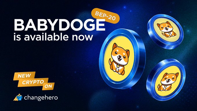 A promotional graphic announcing that BabyDoge (BEP-20) is now available as a new cryptocurrency listing on ChangeHero, featuring cartoon Shiba Inu dog coin illustrations against a blue background. The image aligns with the post's message about the new BabyDogeCoin listing and its continued community support.