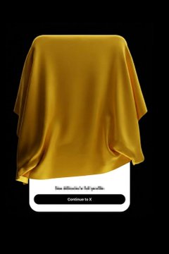 A mobile app screen showing a golden-yellow fabric draped over an unseen object with text 'New silhouette is full gasoline' and a 'Continue to X' button.