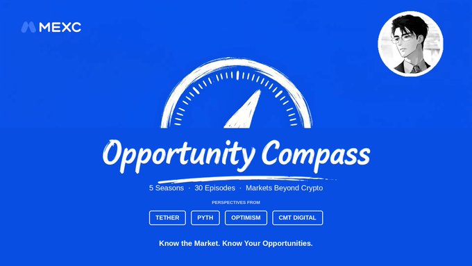Promotional banner for MEXC's 'Opportunity Compass' series featuring a speedometer graphic, with text indicating 5 seasons, 30 episodes, and perspectives from Tether, Pyth, Optimism, and CMT Digital.