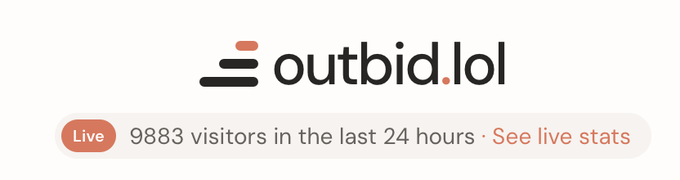 Logo for 'outbid.lol' showing a live visitor count of 9,883 in the last 24 hours, with a link to see live stats.