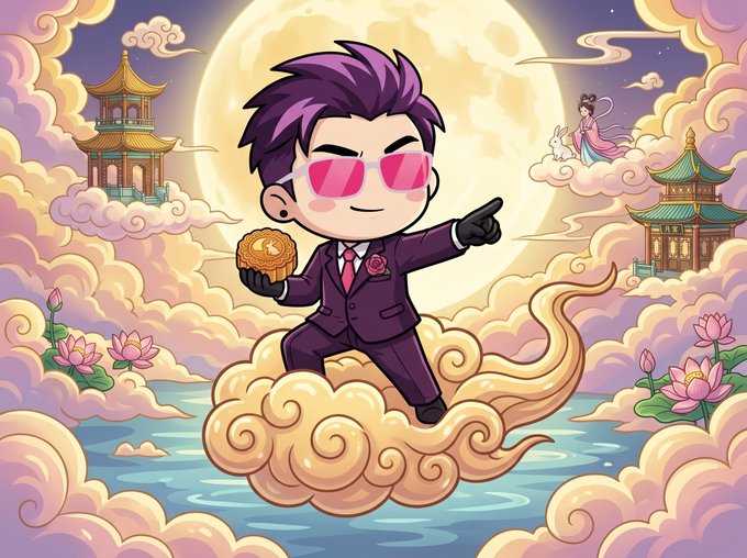 A vibrant cartoon-style illustration of a character with purple hair, pink sunglasses, and a suit holding a gold coin, flying on a cloud against a backdrop of a large moon, traditional Asian architecture, a fairy, and lotus flowers.