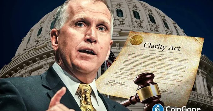 A composite image shows a man in a suit and yellow tie beside the U.S. Capitol dome, with a document titled 'Clarity Act' and a judge's gavel; the 'CoinGape' watermark is visible in the corner.