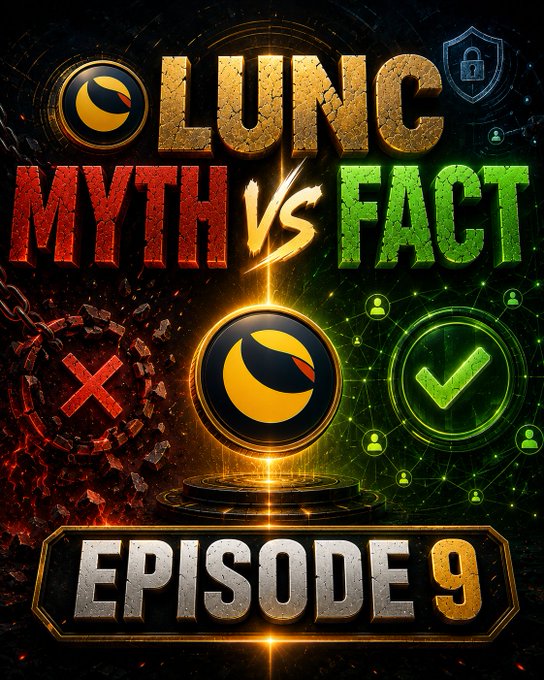 The image is a promotional thumbnail for "LUNC MYTH VS FACT — Episode 9," featuring a central LUNC logo, red "MYTH" and green "FACT" text, a red X and green checkmark, and an "Episode 9" banner. It visually represents the post's theme of debunking the myth that staking permanently removes LUNC from supply, while highlighting that staking locks rather than burns tokens to support the network.