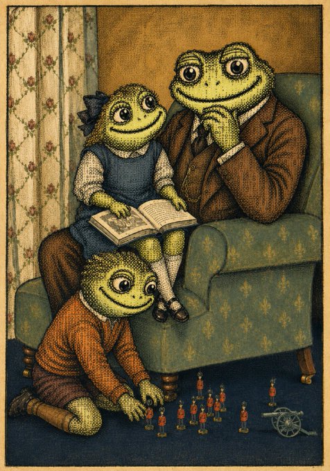 An illustrated family of anthropomorphic frogs in vintage clothing gathers in a parlor, where a father and daughter read a book together on a green armchair while a young son on the floor plays with toy soldiers and a cannon. The nostalgic, peaceful domestic scene—reminiscent of a quiet moment before disruption—evokes how people often spend tranquil times unaware of the major market crash (the "greatest dip") about to unfold.