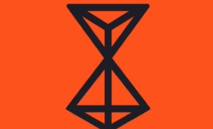 A geometric logo resembling an hourglass made of triangles on a solid orange background.