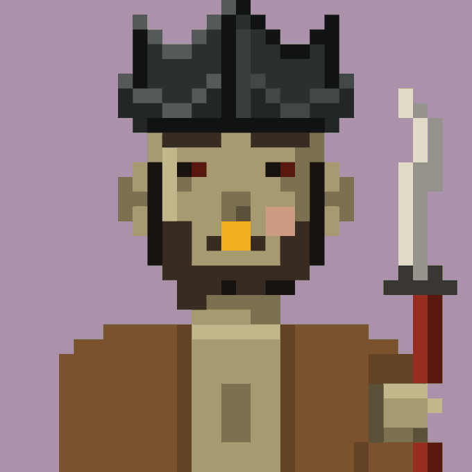 A pixel art character with a black crown, beard, and brown jacket holding a sword against a purple background.