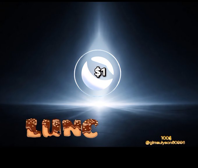 A dark promotional graphic features a glowing circular emblem with "$1" at its center, the word "LUNC" below, and small text reading "100¢ @ginaliyoon6000" or similar.