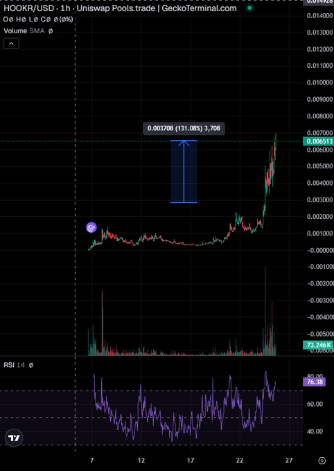 A TradingView chart of HOOKR/USD on Uniswap showing a 131.06% gain (3,708%) with RSI 14 at 76.38, visually confirming the post's claim of $hookr being up 130% as part of the Ronin (RH) chain infrastructure plays rally.
