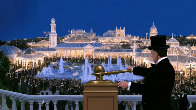 An illustration depicts a man in a black top hat and suit using a brass telescope mounted on a pedestal, overlooking a grand, illuminated city with glass domes and fountains at night.