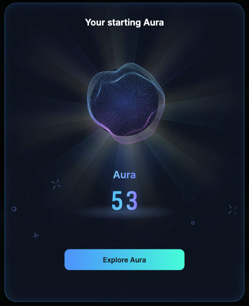 A dark UI screen displaying "Your starting Aura" with a value of 53, featuring an abstract spherical mesh graphic and an "Explore Aura" button.