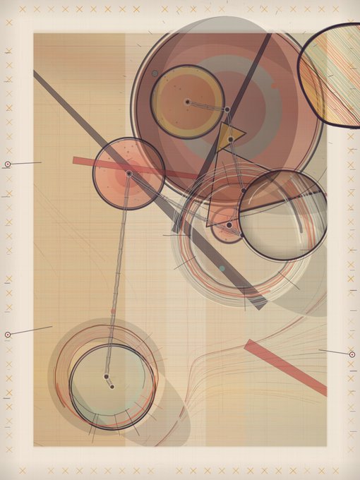 An abstract geometric artwork with overlapping circles, lines, and pastel colors on a textured background, framed by a border of 'X' marks.