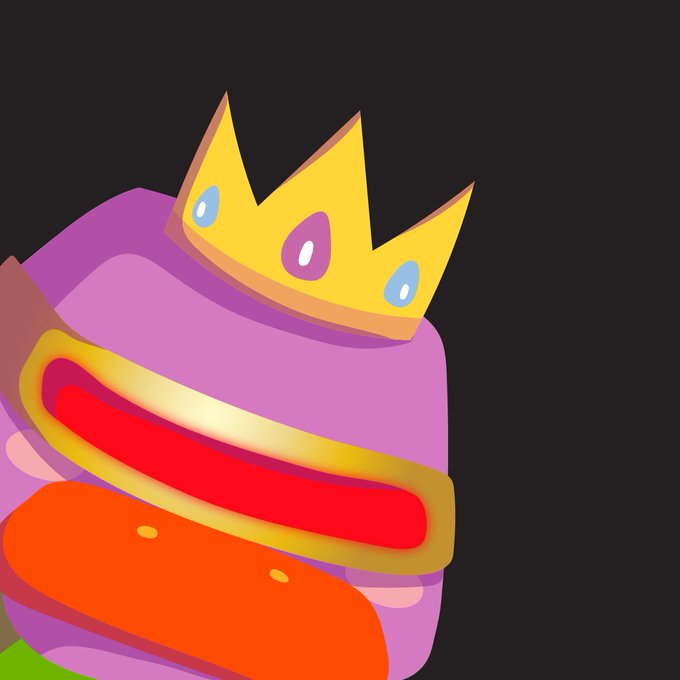 A digital illustration features a purple, layered character wearing a yellow crown adorned with blue and pink jewels.