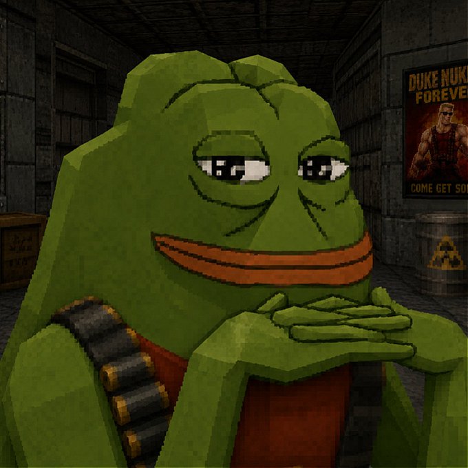 A pixelated green Pepe-like frog character with a smug expression stands in a dark, industrial corridor with a "DUKE NUKEM FOREVER" poster in the background, while a "GAS MINT PRICE REDUCED FOR 24 HOURS" promotion for 777 Groypers Alpha Squadron NFTs is announced in the caption.