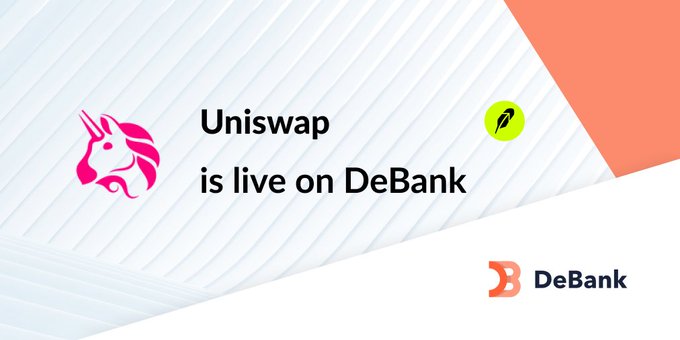 A promotional graphic featuring the Uniswap unicorn logo and text announcing "Uniswap is live on DeBank," with the DeBank logo displayed in the bottom right corner, indicating that Uniswap V2, V3, and V4 are now tracked on DeBank's platform.