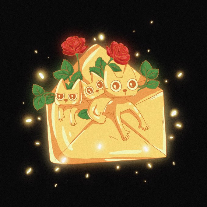 An illustration of three stylized cats peeking out from a yellow envelope, accompanied by red roses and green leaves, surrounded by glowing sparkles against a dark background.