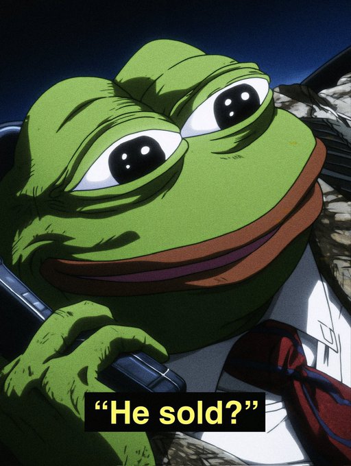 An anime-style image of a sad green frog wearing a suit and tie holding a gun, with yellow text reading "He sold?".