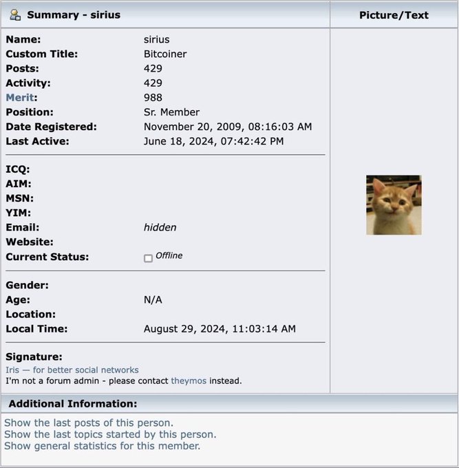 A forum profile summary page for user "sirius" with the custom title "Bitcoiner," showing 429 posts, 988 merit, a Sr. Member rank, and a registered date of November 20, 2009, alongside a small avatar of a ginger kitten—visually corroborating the post's claim that sirius was the first cat in crypto, predating the dogs and frogs.