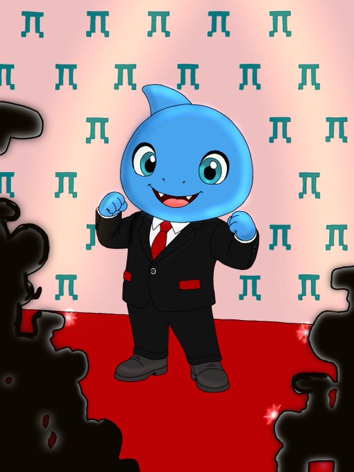 A cartoon-style image of a blue shark character wearing a black suit and red tie, standing on a red carpet against a pink background covered in pi (π) symbols.