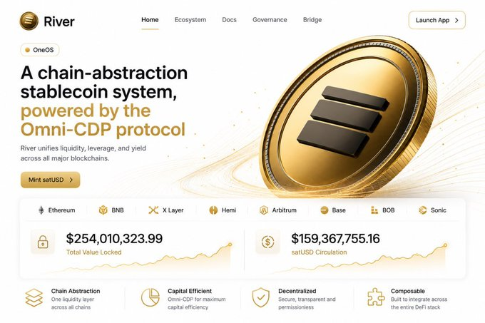 A screenshot of the River website promoting a chain-abstraction stablecoin system powered by the Omni-CDP protocol, showing $254,010,323.99 Total Value Locked and $159,367,755.16 satUSD Circulation across multiple blockchains.